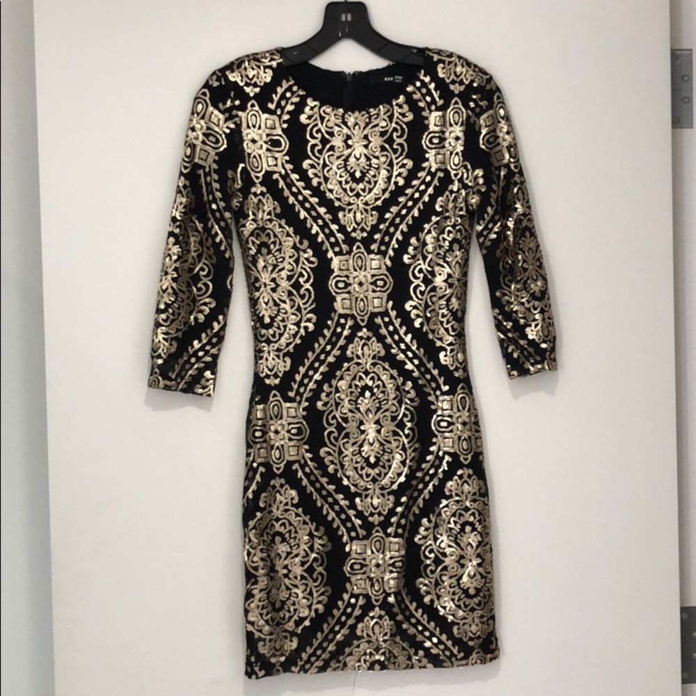 Gold and black sequin holiday dress